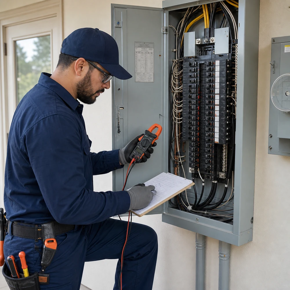 Technician assessing electrical panel capacity for an upgrade in Dallas-Fort Worth