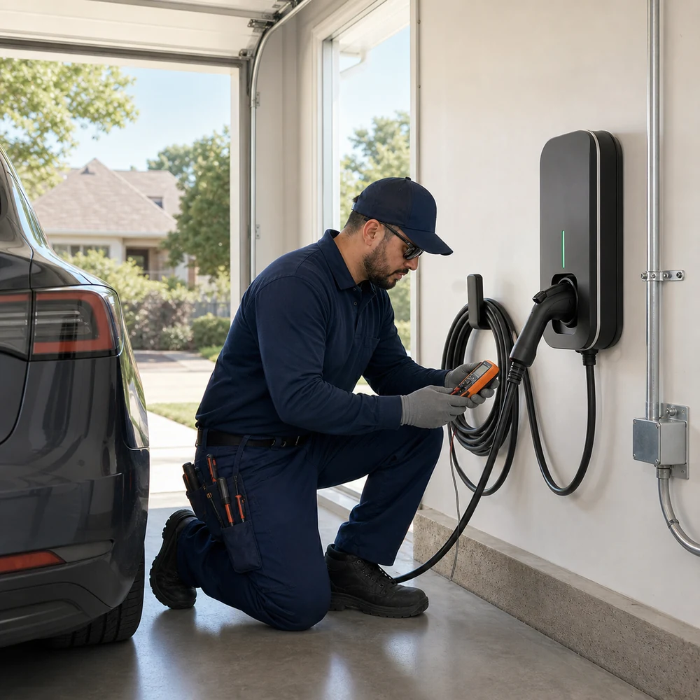 Technician testing a home EV charger installation in Dallas-Fort Worth