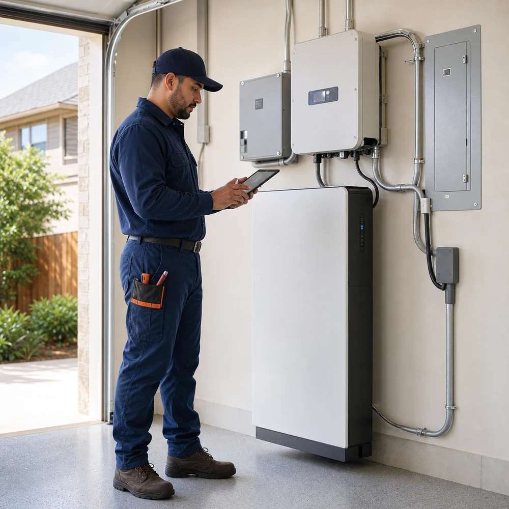 Technician reviewing a residential solar battery add-on in Dallas-Fort Worth