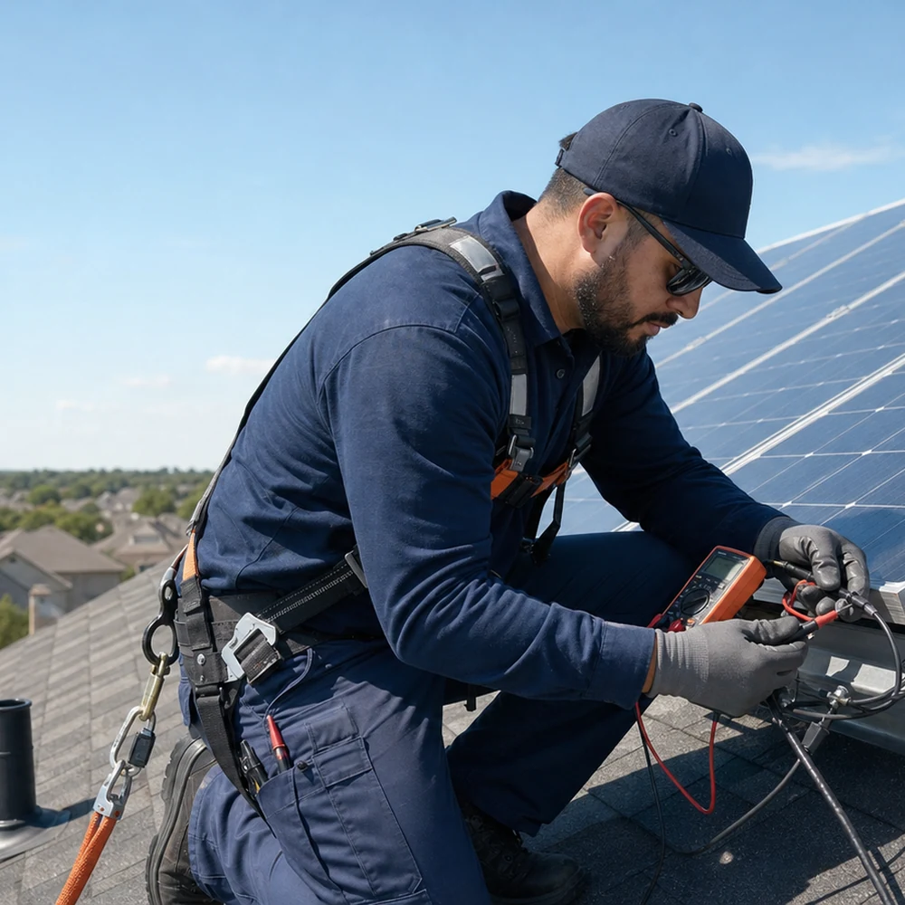 Technician diagnosing rooftop solar panel wiring in the Dallas-Fort Worth area