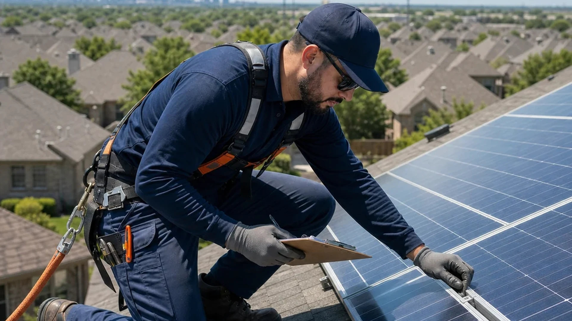 Technician servicing rooftop solar panels in Dallas-Fort Worth