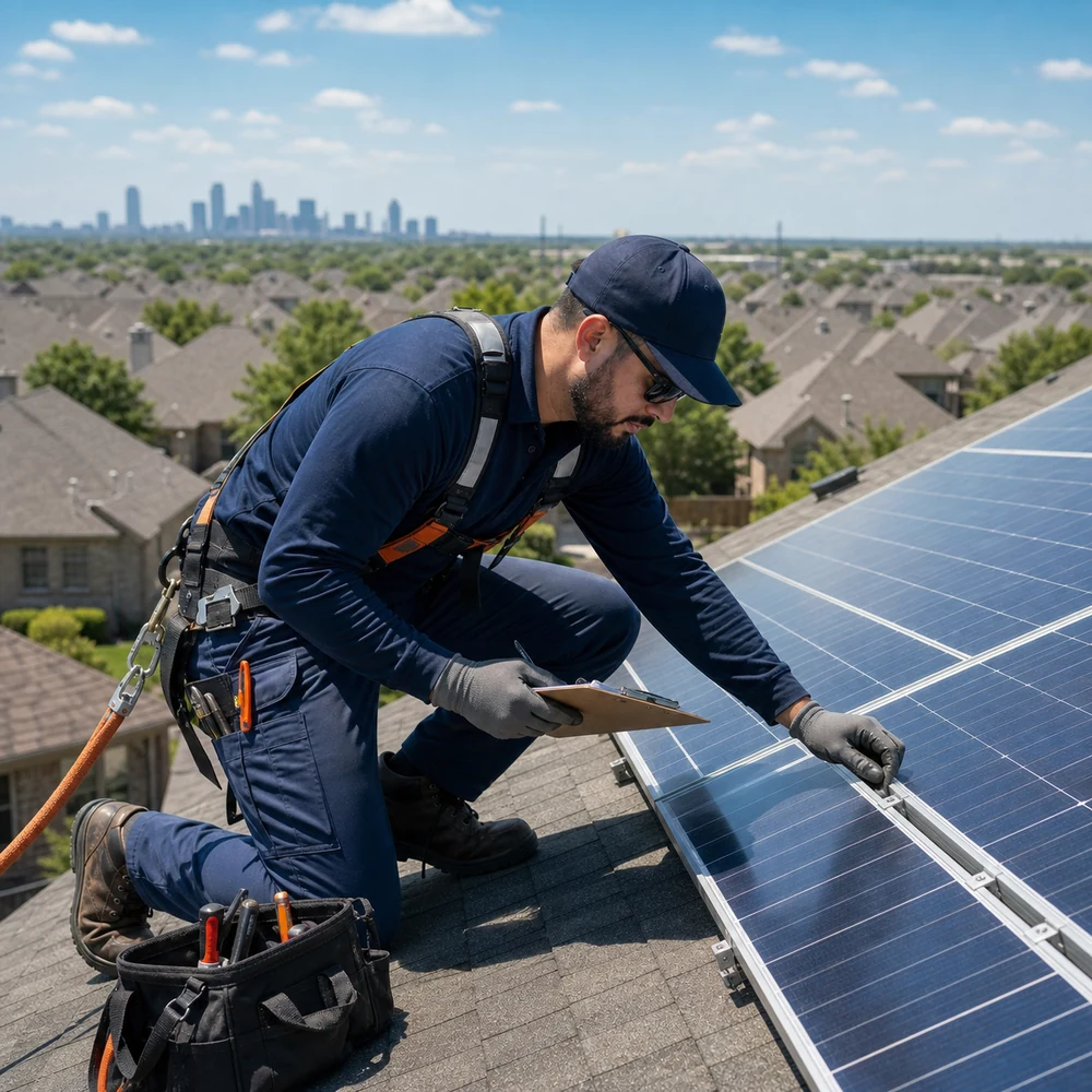 Technician inspecting rooftop solar panel condition during servicing in Dallas-Fort Worth
