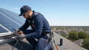Solar repair technician testing rooftop solar panel connections in Dallas-Fort Worth