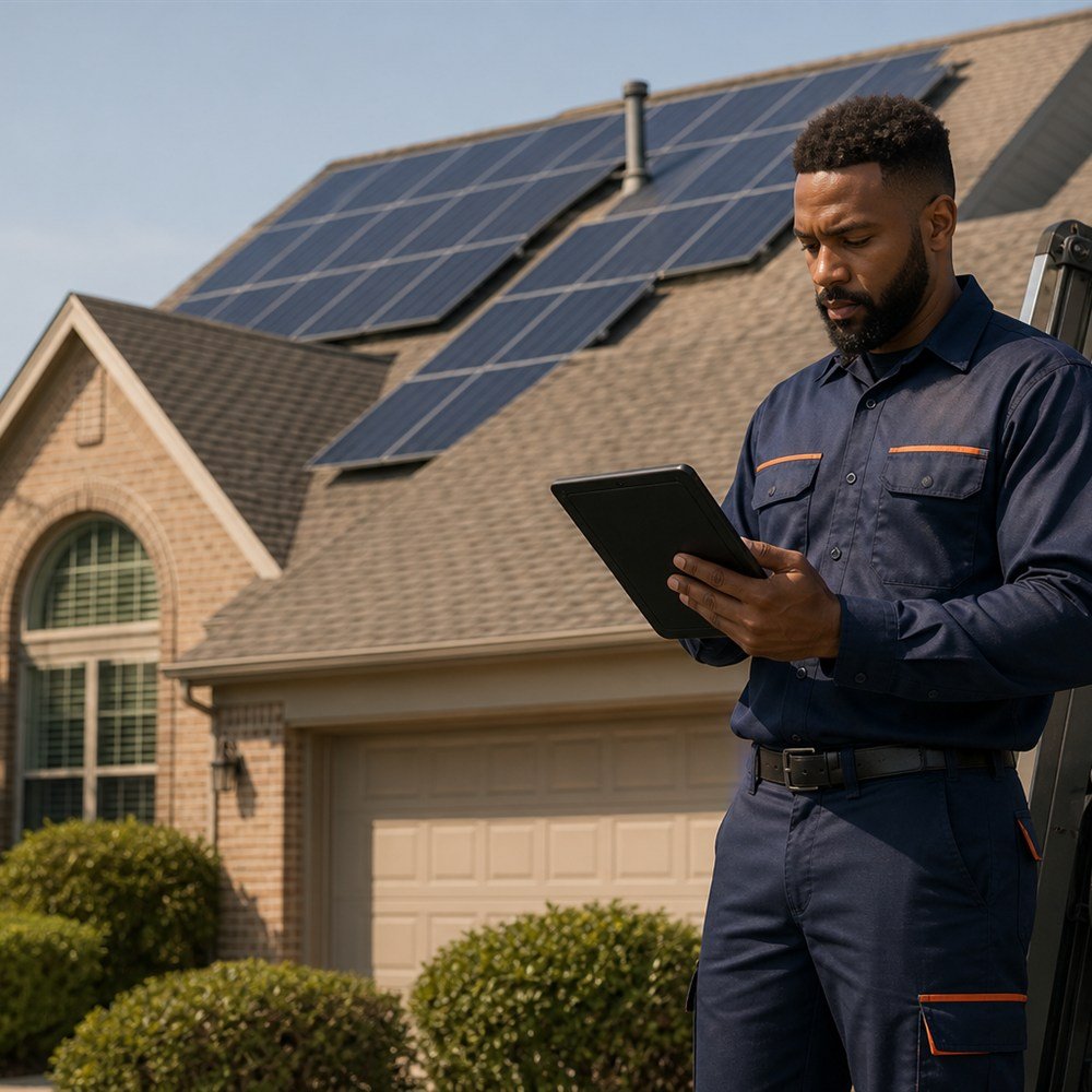 Solar technician reviewing system information at a Dallas-Fort Worth home