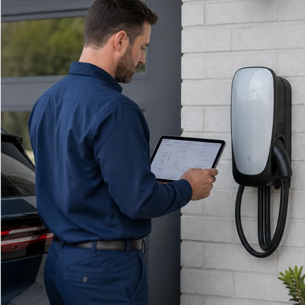 Technician planning a home EV charger installation in Dallas-Fort Worth